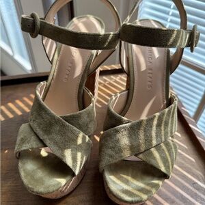 Veronica Beard Khaki Suede Wedge Sandals